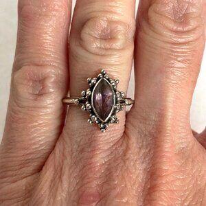 Sterling Silver 925 Bezel Set Marquise Amethyst Solitaire Ring Sz 5